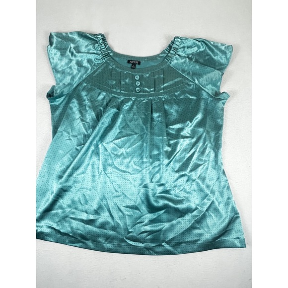 Apt. 9 Tops - Apt 9‎ Womens XL Teal Blue Satin Polka Dot Pleated Cap Sleeve Blouse Top